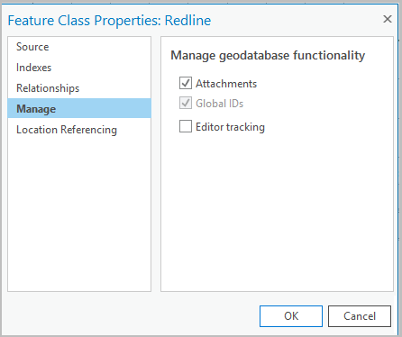 Feature Class Properties dialog box, Manage tab Feature Class Properties dialog box, Manage tab