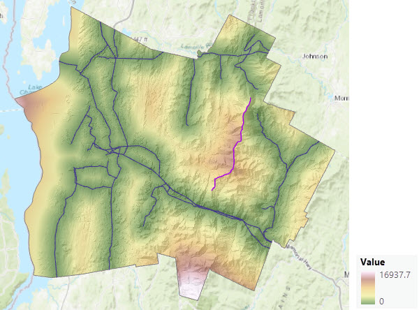 Map of straight-line distance being adjusted to move around the ridge barrier Map of straight-line distance being adjusted to move around the ridge barrier