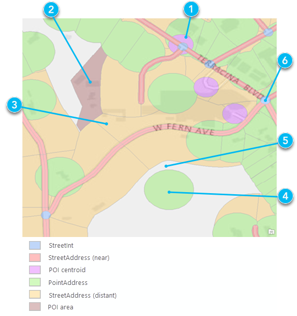 Buffers illustrating the search tolerance of different feature types for reverse geocoding Buffers illustrating the search tolerance of different feature types for reverse geocoding